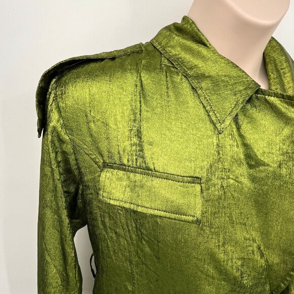 Avec Les Filles Trench Coat Size M Green Crinkle Satin Double Breasted-Flawed - Picture 6 of 15